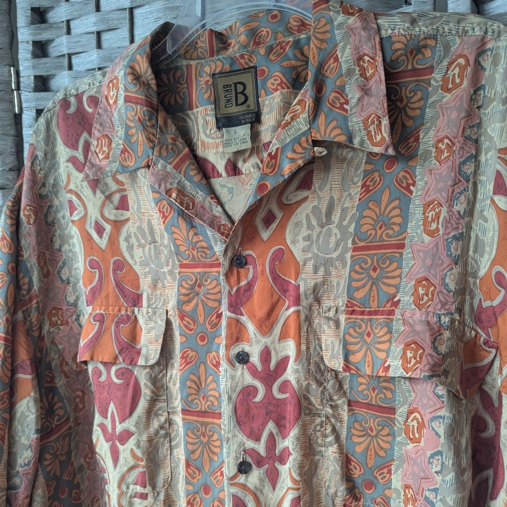 Vtg Button Up Camp Shirt Orange Blue Abstract 100% Silk Mens Sz L Resortwear